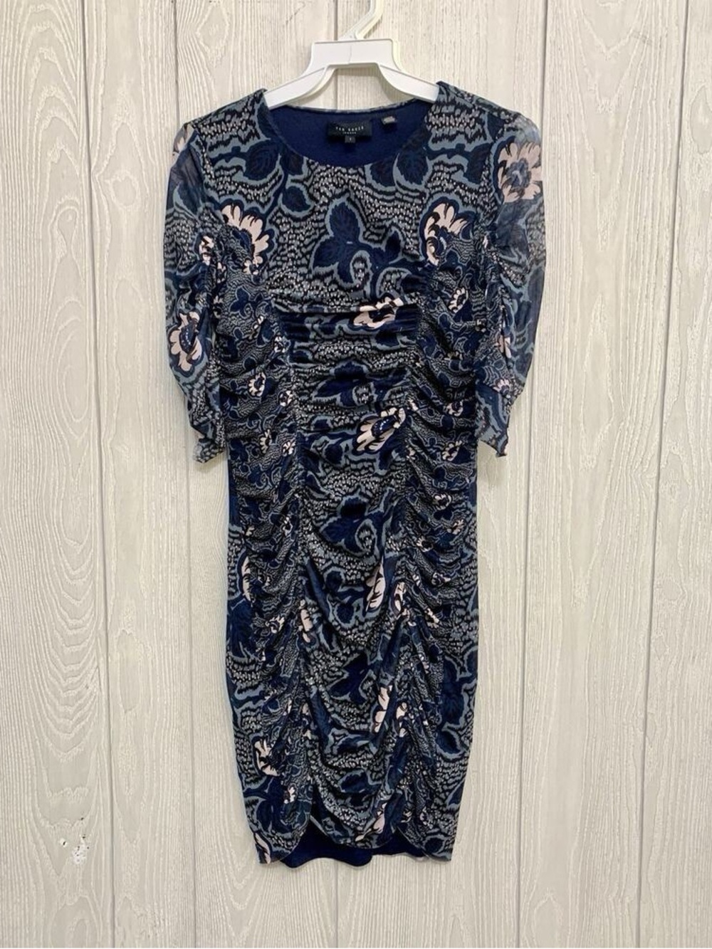 The Limited Navy and Blush Floral Ruched Midi Dress
